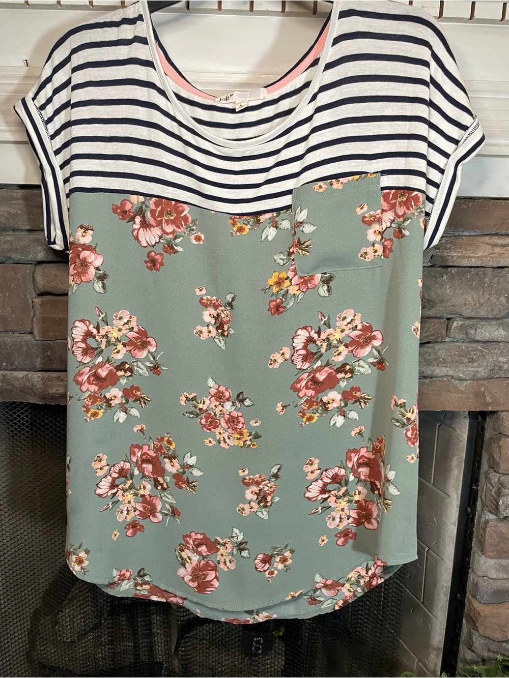 Jolt Navy & White Striped Top with Sage Green Floral Panel and Pink Trim